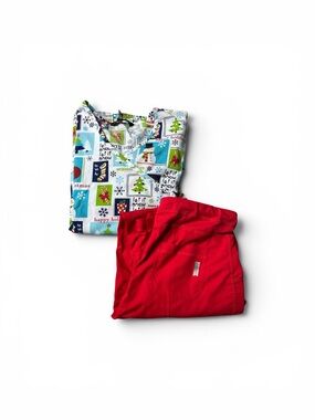 Holiday Print Scrub Top and Red Scrub Pants Set
